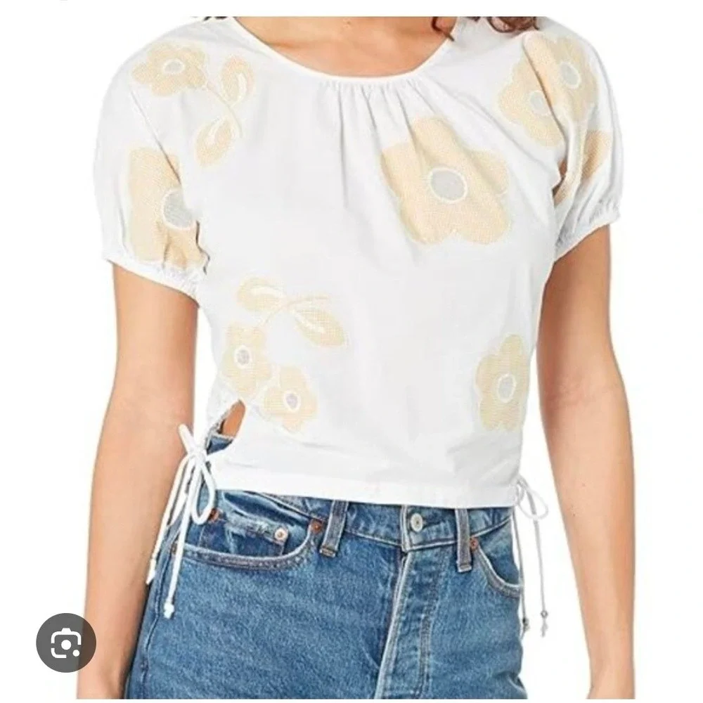 Madewell White Embroidered Flower Poplin Puff Sleeve Cutout Crop top Size Medium